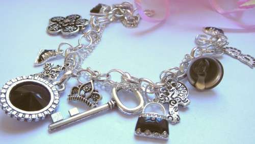 Silvertone Charm Bracelet with Bell, Key and Rhinestone Crystal Charm