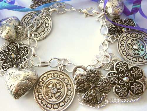 Silvertone Charm Bracelet Heart, Clover and Flower Charms