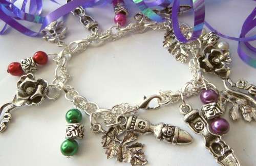 Silvertone Charm Bracelet Leaf, Flower and Multi Colour Faux Pearl Charms