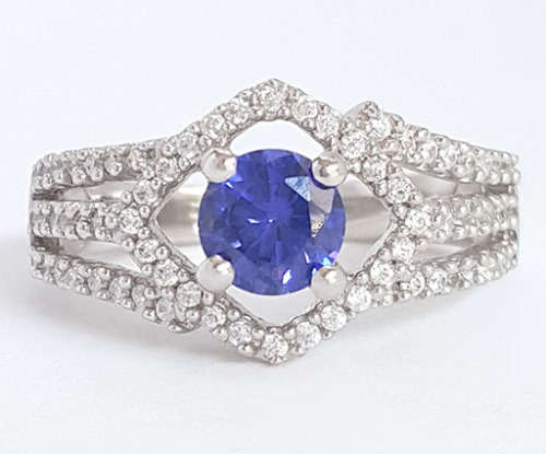 925 STERLING SILVER Simulated Tanzanite & Diamonds split band ring- Size 8