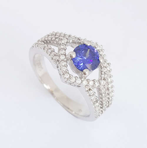 925 STERLING SILVER Simulated Tanzanite & Diamonds split band ring- Size 8