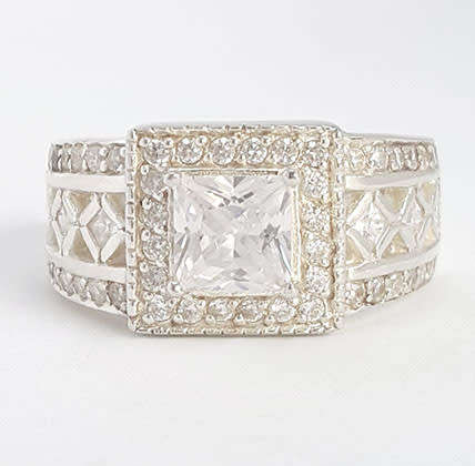 Broad Princess CZ Halo Ring in Silver - size 8.5