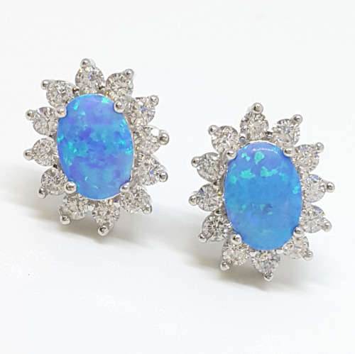 Oval Cut Opal and Clear CZ Stud Earrings in Silver