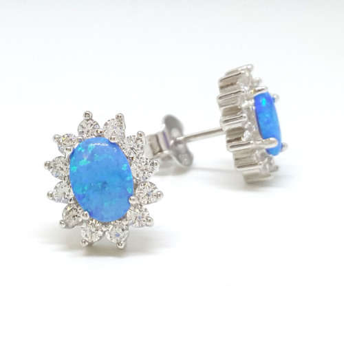 Oval Cut Opal and Clear CZ Stud Earrings in Silver
