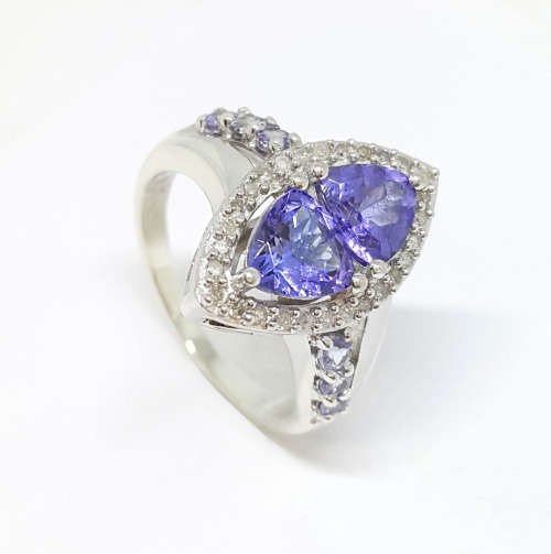 1.65ctw Trillion Tanzanites and Diamond Halo Ring in Silver- Size M