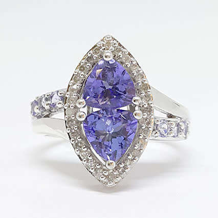 1.65ctw Trillion Tanzanites and Diamond Halo Ring in Silver- Size M