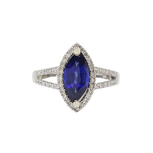 Sapphire and Diamond Halo White Gold Ring- Size 6