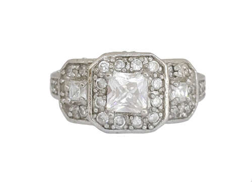 Trilogy Princess Cut Halo Ring in Silver -Size 8