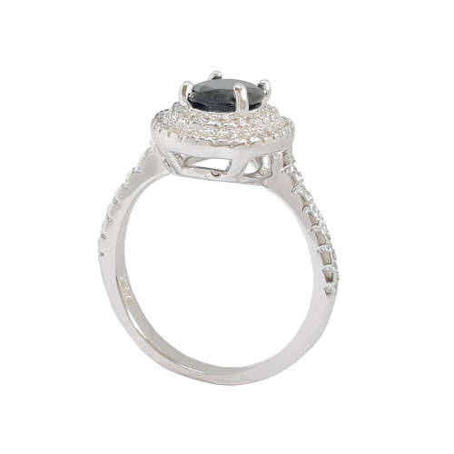 1.67ct Oval Black CZ with Halo Design Ring in 925 Sterling Silver- Size 7.25