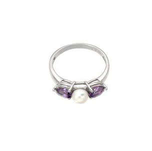 Amethyst and Freshwater Pearl Ring in Silver - SIZE 6