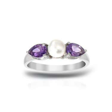 Amethyst and Freshwater Pearl Ring in Silver - SIZE 6