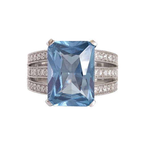 *CD DESIGNER JEWELRY* Emerald cut Blue CZ Ring in Silver- Size Q