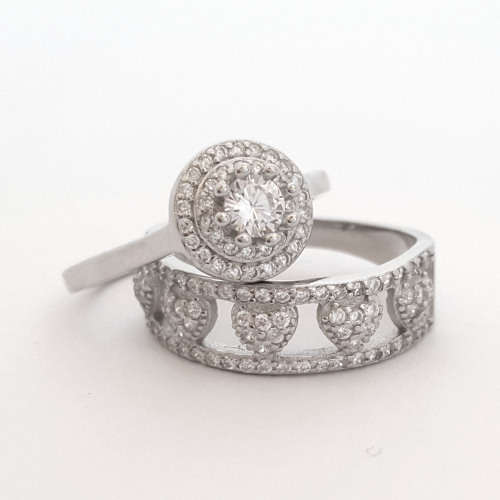 Sterling silver Halo CZ Ring Set - Size 7.75