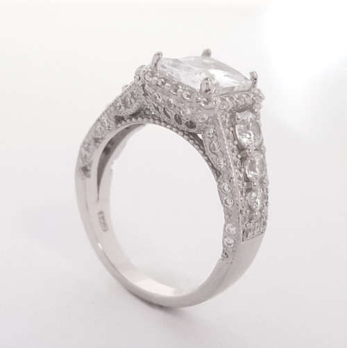 Emerald CZ Halo Ring in Silver- Size 5.75