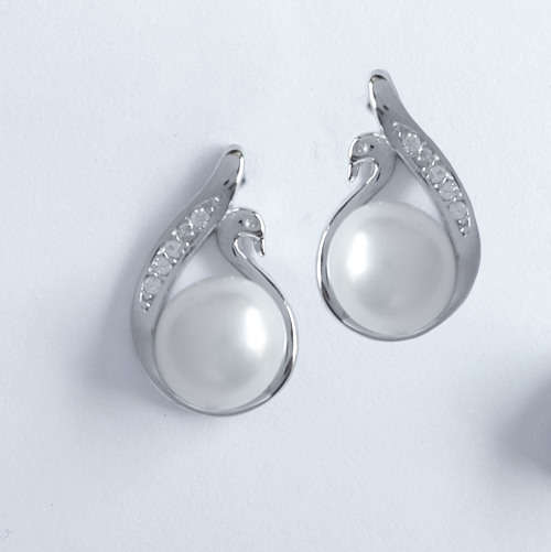 Sterling Silver Pearl & CZ Swan Earrings
