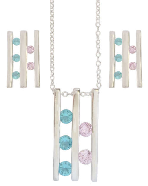 Pink Ice and Blue Topaz CZ Pendant and Earring Set in Silver