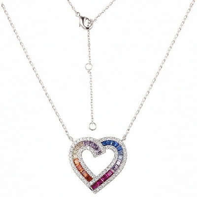 Rainbow CZ Heart Pendant with Chain in 925 Sterling Silver