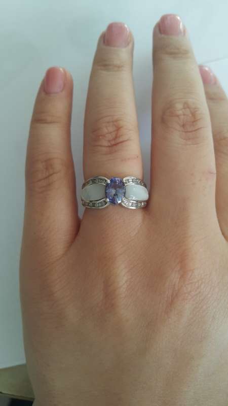1.3ct Tanzanite, Diamond and Mother of Pearl Ring in 14k White Gold