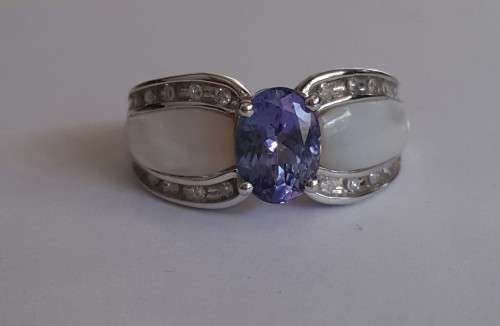 1.3ct Tanzanite, Diamond and Mother of Pearl Ring in 14k White Gold