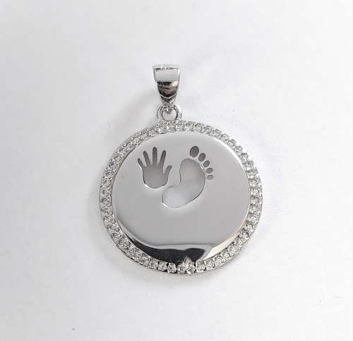 Baby Feet and Hand Carved Pendant with CZ Halo in Silver
