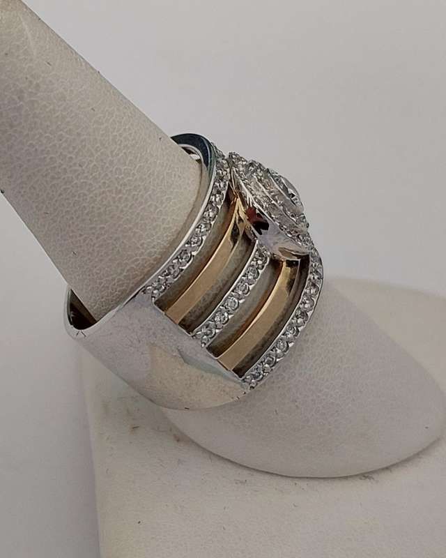 0.70ctw Two Tone Broad CZ Ring in Silver- Size R