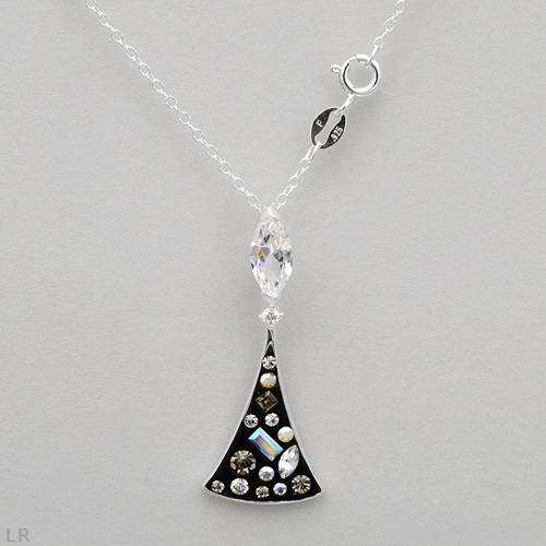 Multi Cut Crystal and Black Enamel Pendant in 925 Sterling Silver