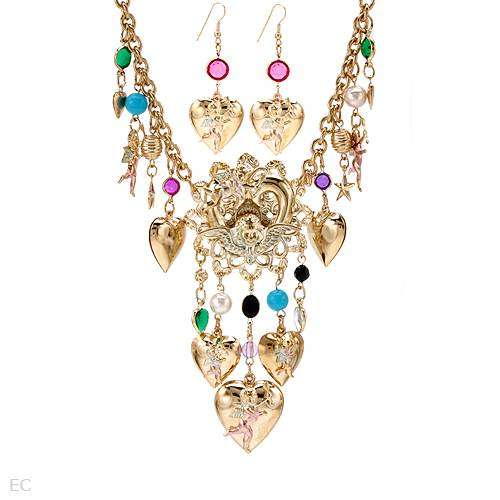 Simulated Gems Angels and Hearts Necklace and Earrings