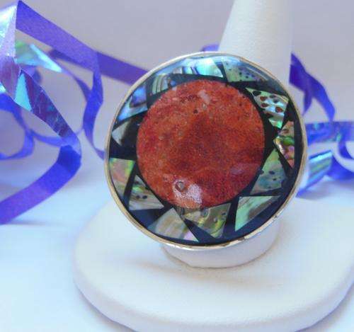 Dress Ring with Genuine Shell Inlay - Size 9.5-Adjustable