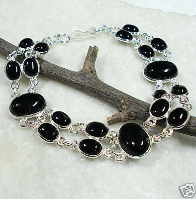 Simulated Black Onyx Bracelet Sterling Silver Plated