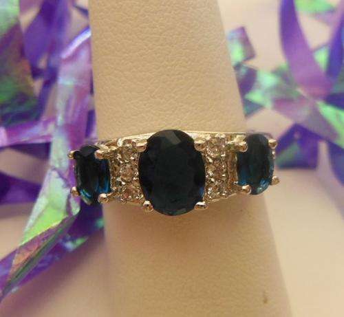 Simulated Blue Sapphire & White Fine Topaz Cocktail Ring**Size 7**