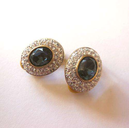 Blue and Clear Clip on CZ Gold Plated Earrings