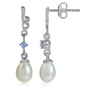 0.06ct Tanzanite and White cultered freshwater Pearl Drop Earrings in 925 Sterling Silver