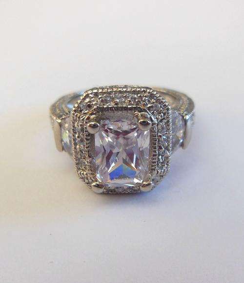 Emerald CZ Halo Ring in Silver- Size 7