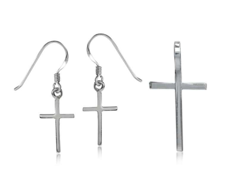 925 Sterling Silver Cross Pendant and Matching Earring Set