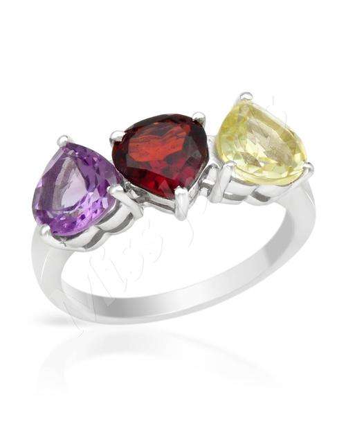 Natural Garnet, Amethyst and Quartz Ring in Silver- Size 7