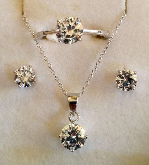 Cubic Zirconia Ring, Pendant, Earrings and Necklace set in 925 Sterling Silver