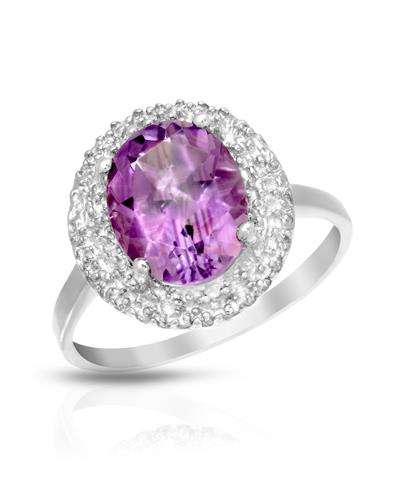 Amethyst Halo around Diamonds in Silver Ring - Size 7