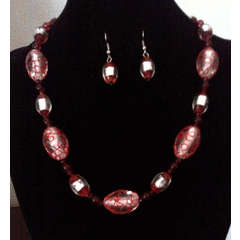 Red and Clear Glass Bead Necklace and Earring Set