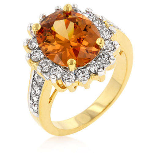 Champagne Rhinestone Crystal and Round CubicZirconia Gold Ring- Size 7-10