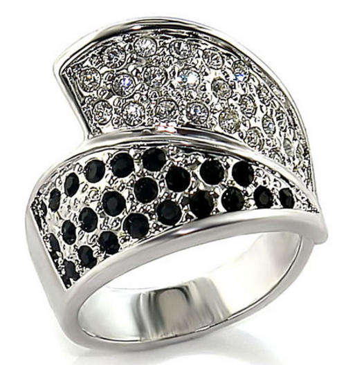 **VOGUE***Modern paved black and clear Swarovski Crystal dress ring***