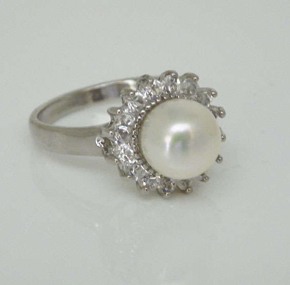 Simulated White Mother of Pearl & CZ Dress Ring