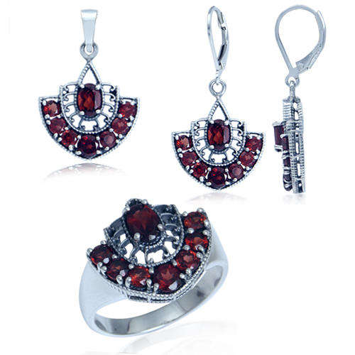 Garnet Pendant, Earrings and Ring Set in Silver- Size 8