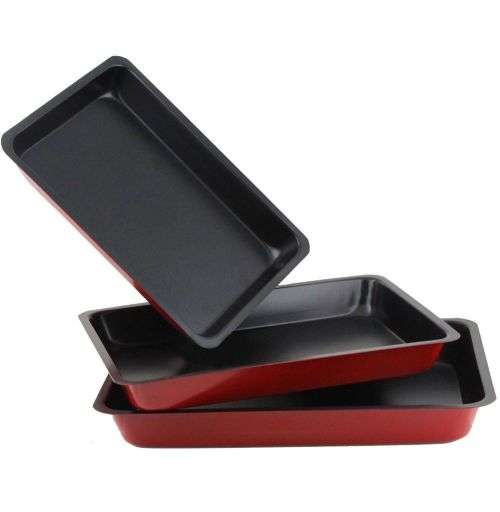 Non Stick Baking Roasting Cooking Trays Set Oven Pans 3 Pieces Choose Red or Black