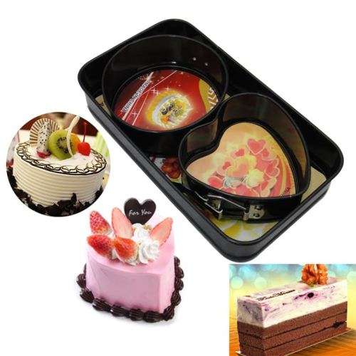 Mini Non Stick 3pcs Bakeware Set Rectangle Round Heart Tray Pan Dish Cake