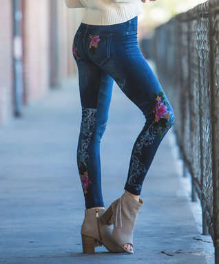New Ladies Denim Look Slim Skinny Jeans Pants Leggings Floral Random Design