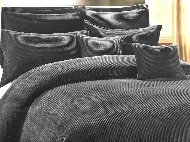 Super King Black Plush Corduroy Stripe 5pc Comforter Set
