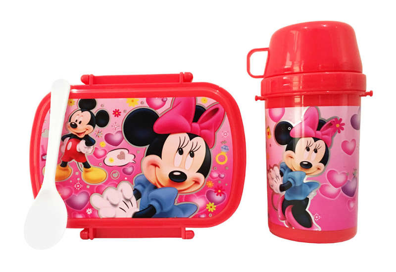 3 Pc Kids Mickey Mouse Theme Lunch Box With Water Bottle- Pink