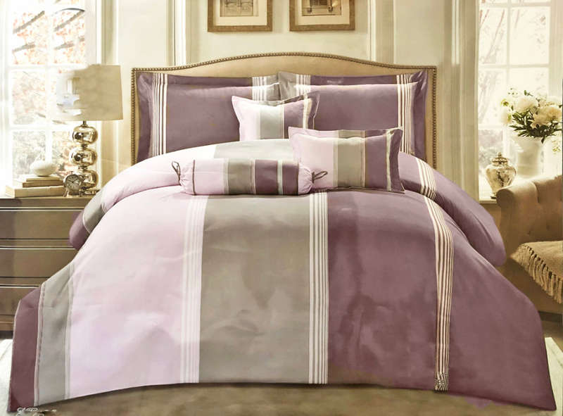 6 Piece King Size Grey-Baby Pink Multi-shade Comforter Set