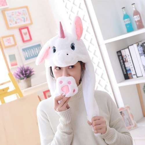 Unicorn Movable Ears Plush Animal Cap Hat with Dancing Ears - Pink Color