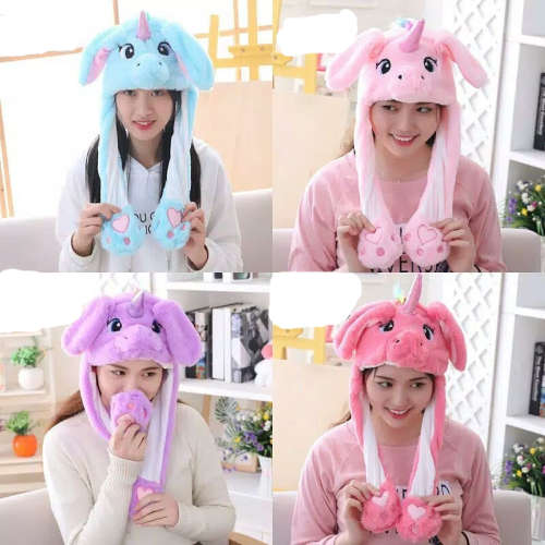 Unicorn Movable Ears Plush Animal Cap Hat with Dancing Ears - Pink Color